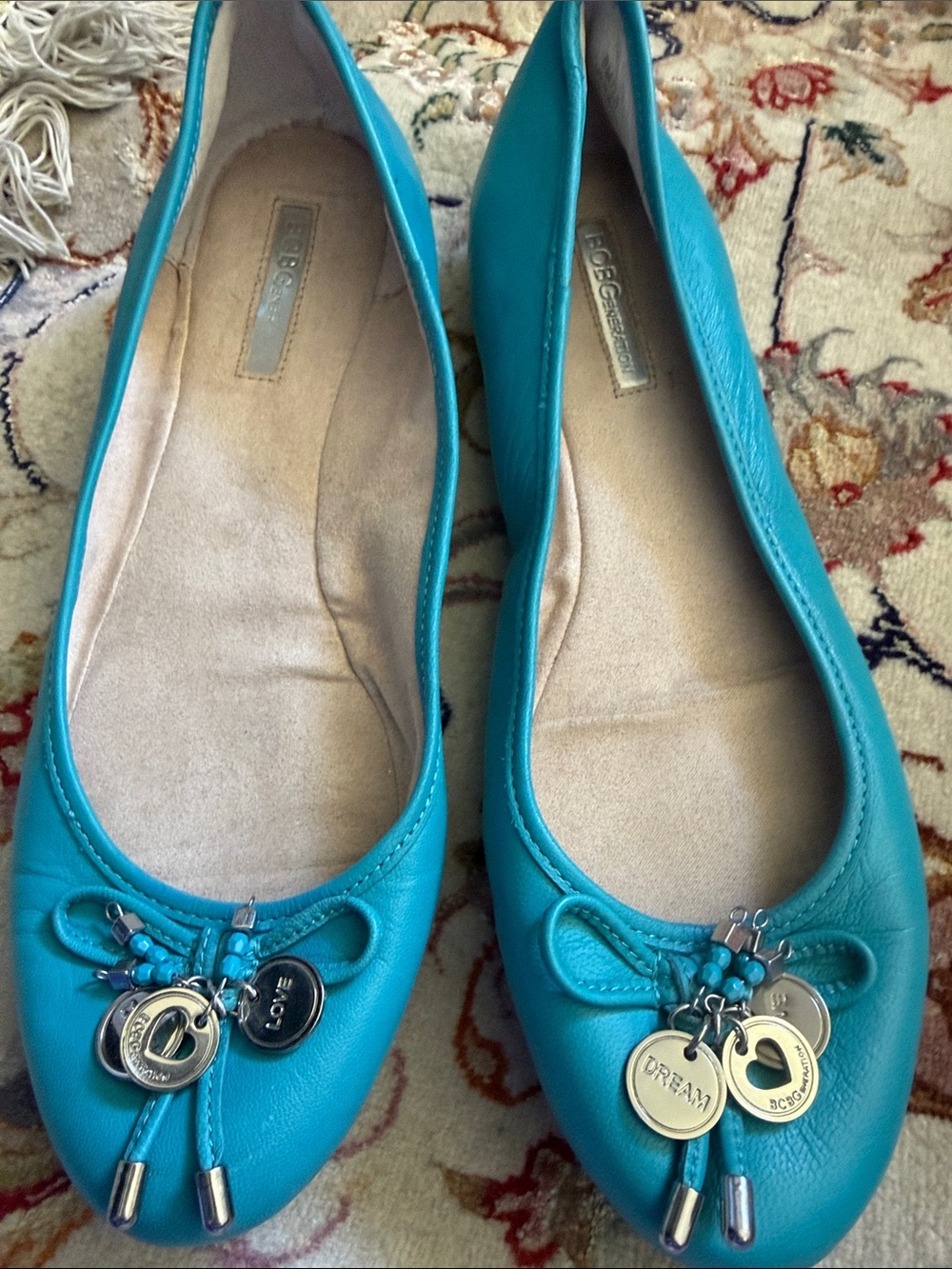 BCBG Turquoise Leather Ballet Flats with Charm Dangles